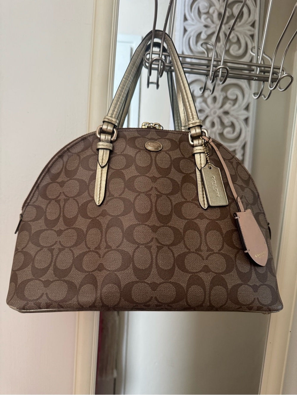 Coach Peyton Signature Cora Domed Satchel in brown coated canvas